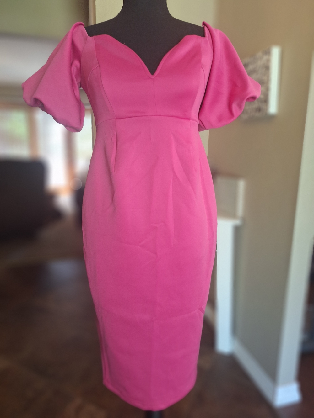 ASOS Fitted Deep V Pink Puff Sleeve Midi Dress 8